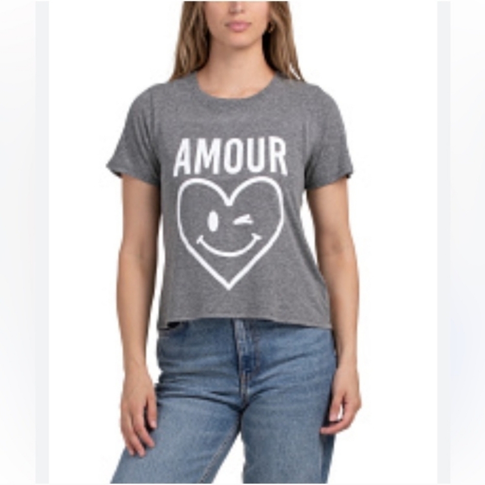New Cinq a Sept Smiley Heart Shrunken Heather Grey/White Tee/T-Shirt NWT